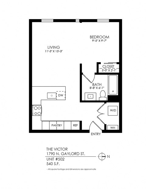 Floor plan for studio, 1 bath, 455 sqft